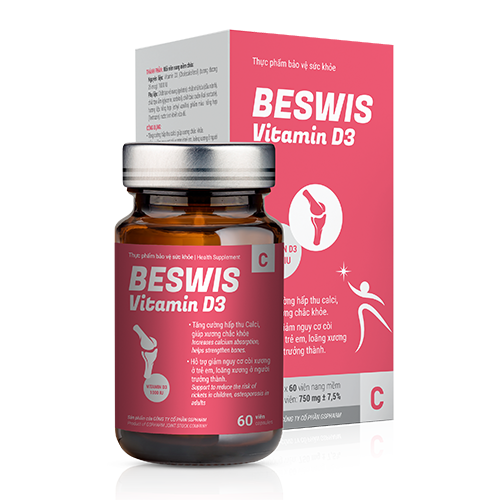 Beswis Vitamin D3 - Tăng cường hấp thu calci, giúp xương chắc khỏe.
 - Hỗ trọ giảm nguy cơ còi xương ở trẻ em, loãng xương ở người trưởng thành